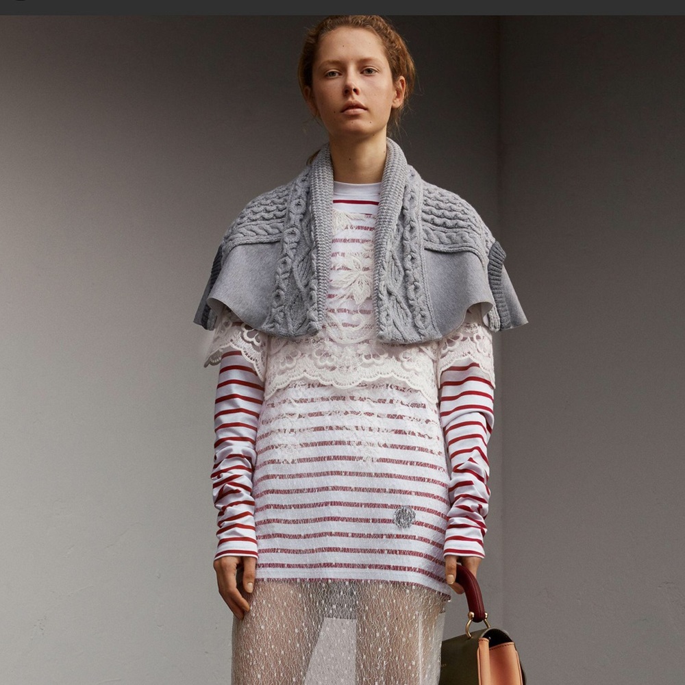 BURBERRY Cable-Knit Jersey Paneled Appliqué Shawl-Collar Cape